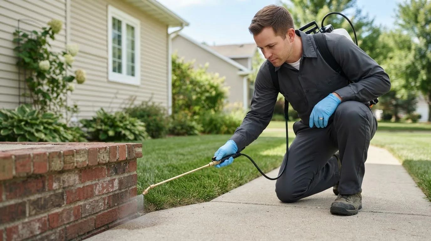 Pest control technician treating a home near Joice, IA