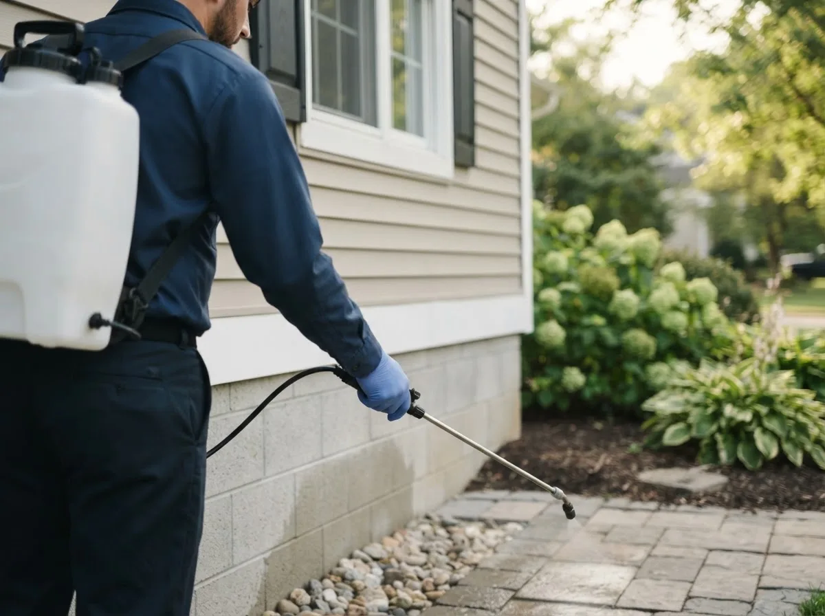 Pest control technician inspecting a home in Joice, IA